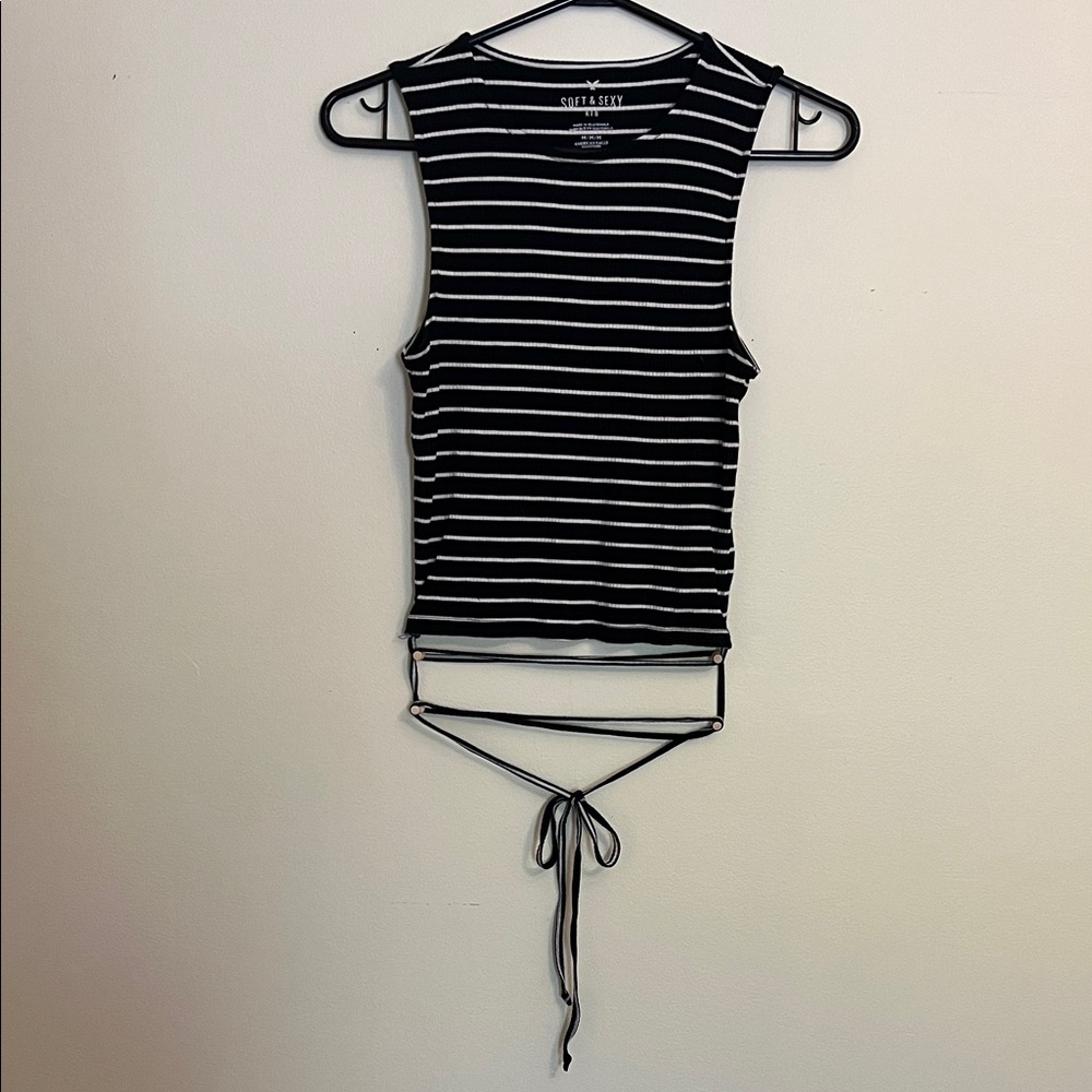 Soft & Sexy Black and white striped long strings wrap tank top!